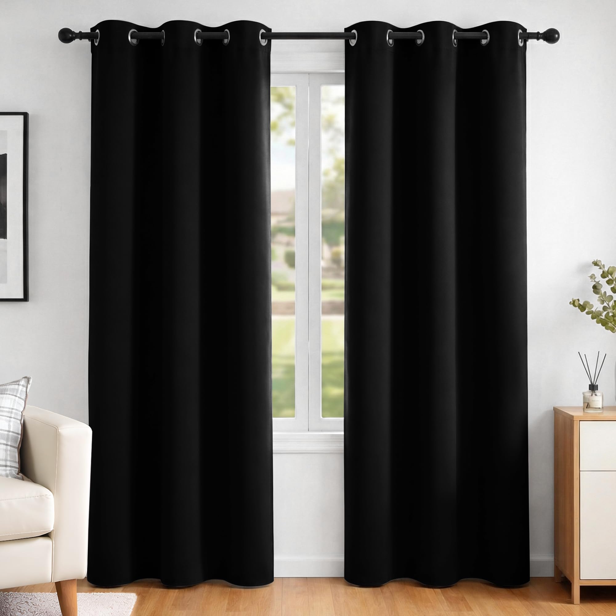 Deconovo Tende Camera da Letto Oscuranti per Interni 2 Pezzi 107 CM Altezza, Tende Termiche Isolanti Tinta Unita con Occhielli, 107x214 CM (Larghezza x Altezza), Nero