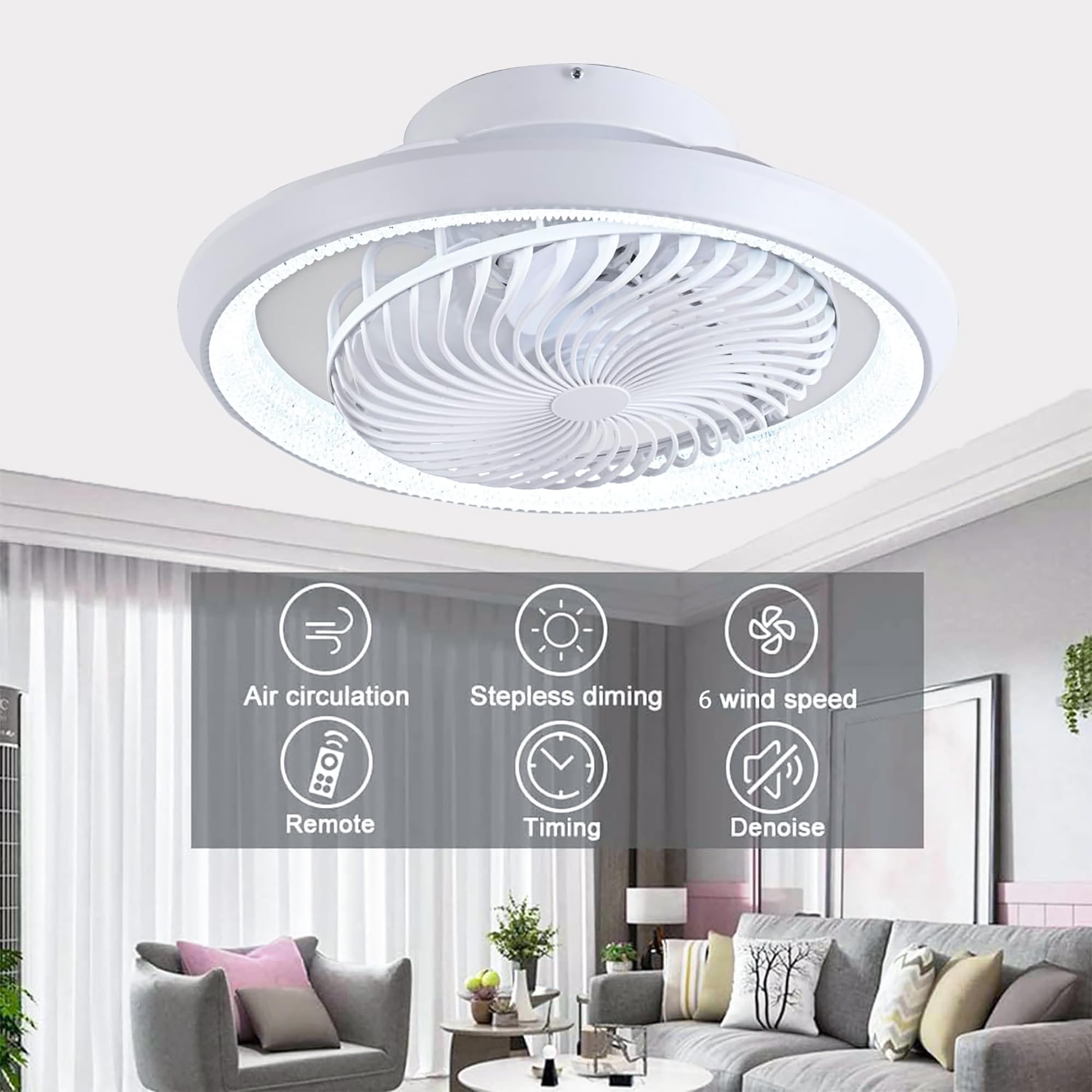 49cm Ventilatore da Soffitto con Luce e Telecomando, Silenzioso Lampadario Ventilatore LED, Rotante a 360°, 6 velocità, 72W Plafoniera con Ventilatore per Camera da Letto Soggiorno, Bianco