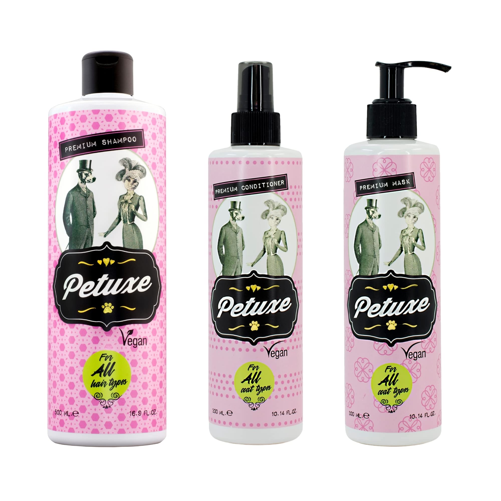 Petuxe Pack para Mascotas Champú + Mascarilla + Acondicionador. Champú Gatos. Todas Las Razas. Todo Tipo de Pelo - Vegano. Lava en Profundidad. con Vitamina E