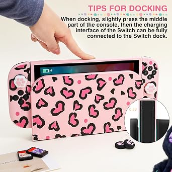 DLseego Carry Case for Switch 2,Heart Leopard Portable Storage Travel Game Carrying Case with NS 2 Dockable Protective Cover,4PCS Thumb Grip Cap and 1PC Plush Heart Charm,Pink