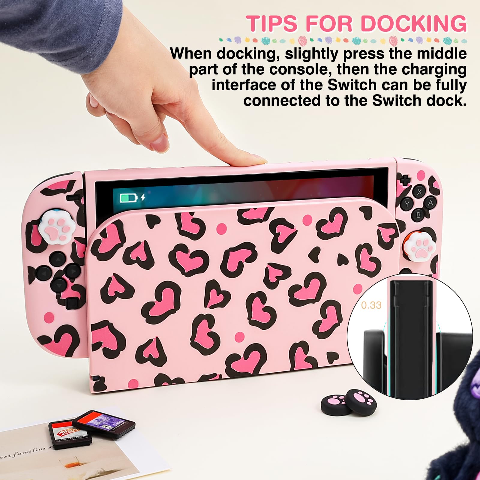 DLseego Protective Case Compatible with Switch 2,Heart Leopard TPU Dockable Soft Cover with Switch 2 Dock Case,Handle Cover and 4PCS Thumb Grips,Pink — view 3