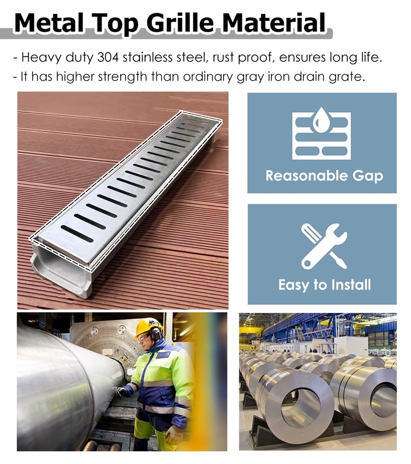 Griglia di scarico da 60 cm, in acciaio inox, antiscivolo, per interni ed esterni, protezione per drenaggio del pavimento (60 x 10 x 6 cm)