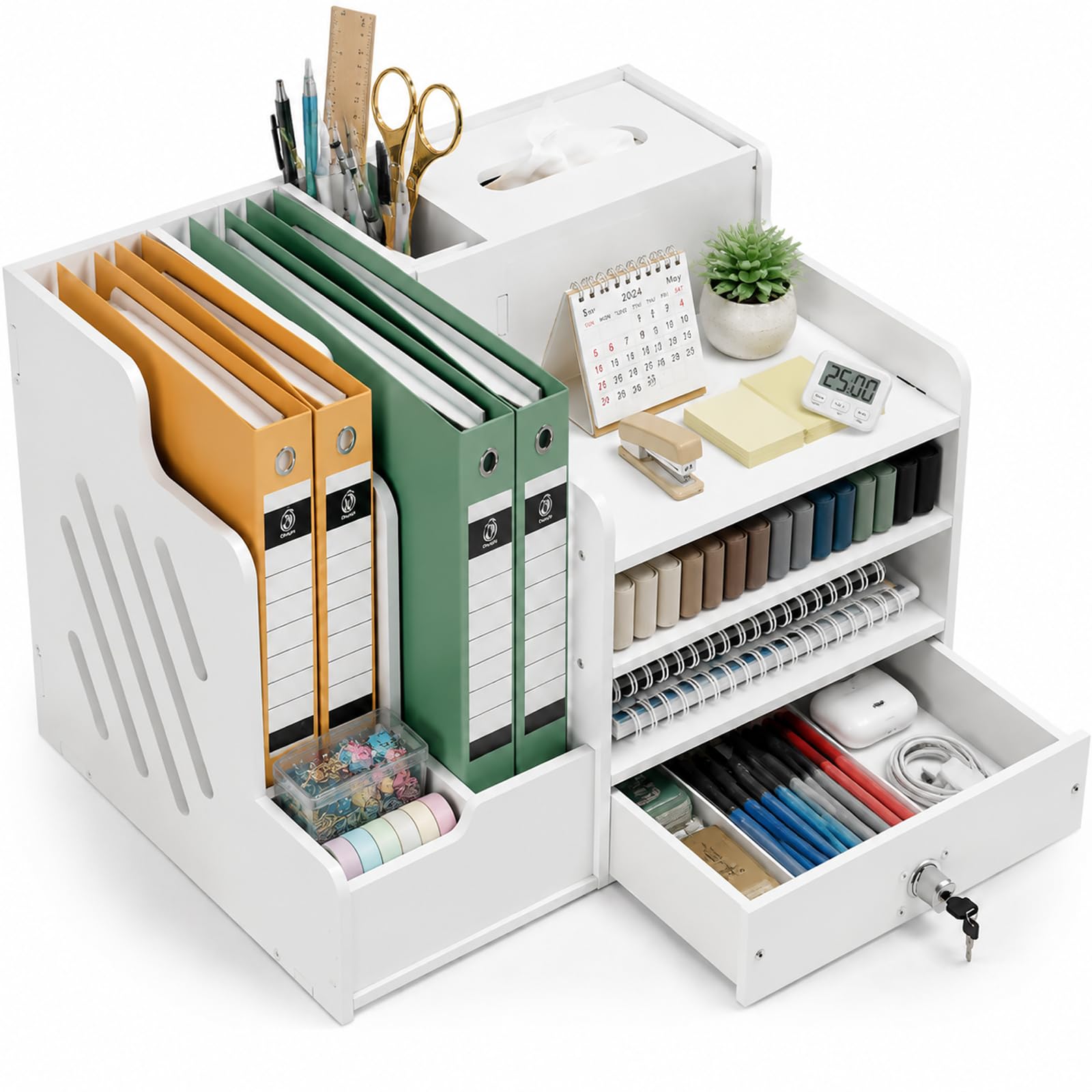 Desktop Organiser with Lockable Drawer, Large Capacity Desktop Organiser