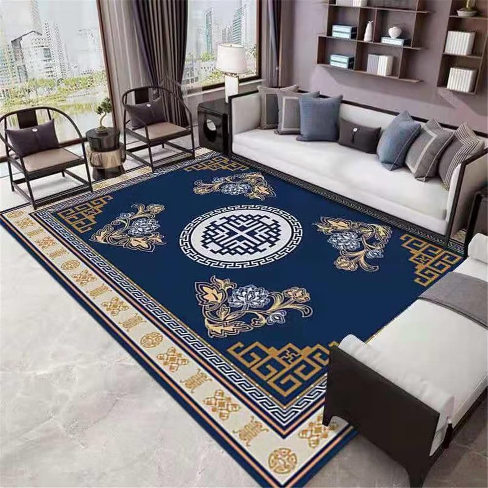 Tapis de terrasse exterieur et salon bleu jaune 300x400 cm style traditionnel