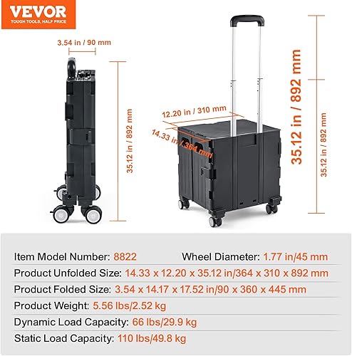 Miniatura 7 de VEVOR Foldable Utility Cart, 110 lbs Static Load Capacity, Folding Portable Rolling Crate Handcart with Heavy Duty Telescoping Handle and 4 Rotate
