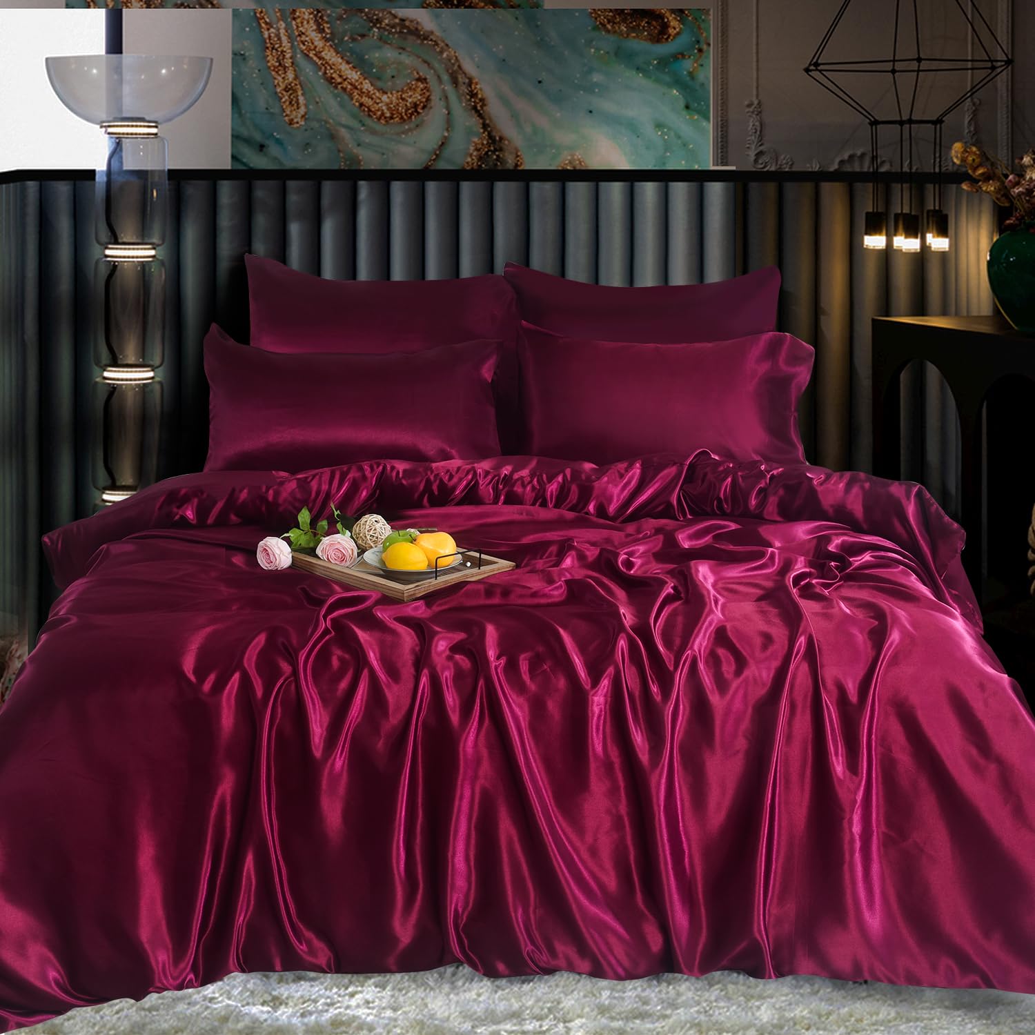 XXR SATIN SILK COMPLETE BEDDING SET DUVET COVER FITTED SHEET 4 PILLOW CASES 6 Pcs (Burgundy, Super King)