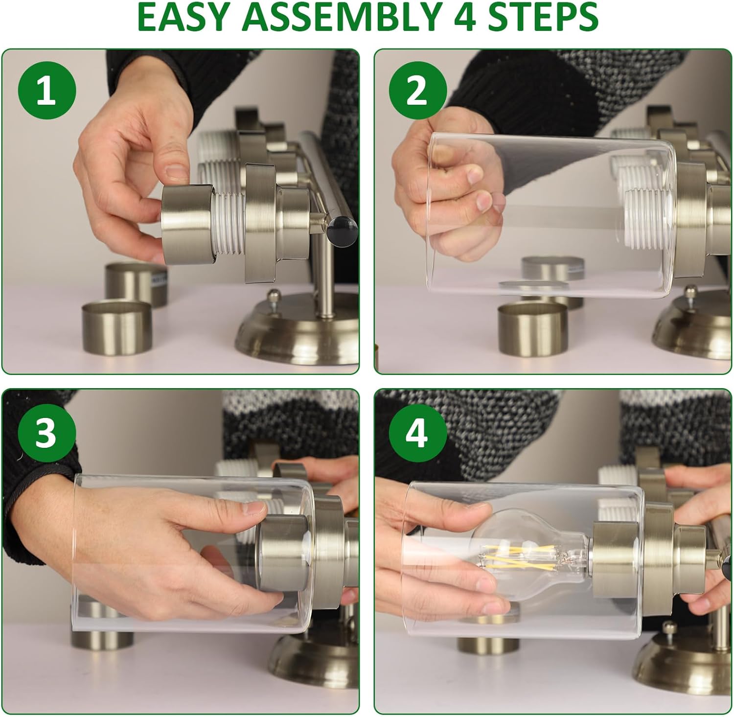 Four step diagram showing the assembly process of the light fixture