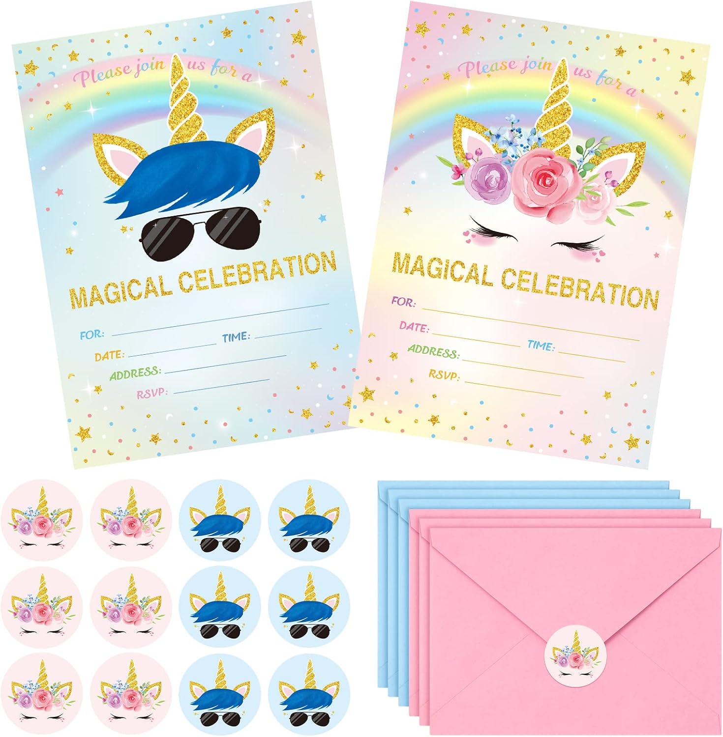 Tallew 24 Set Unicorn Birthday Invitations Rainbow Party Invitation Cards with Envelope and Sticker Fill in the Blank Invites for Girls Boys Baby Shower Supplies(Girls)