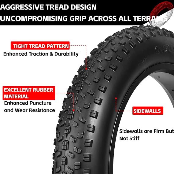 20x4 E-Bike Fat Tire, Puncture Protection, High Grip All-Terrain Tires with Tubes, Tire Levers & Liners for MTB/E-Bike/Tricycle/Folding Bikes, Tread Design, for Snow/Sand/Off-Road/Street