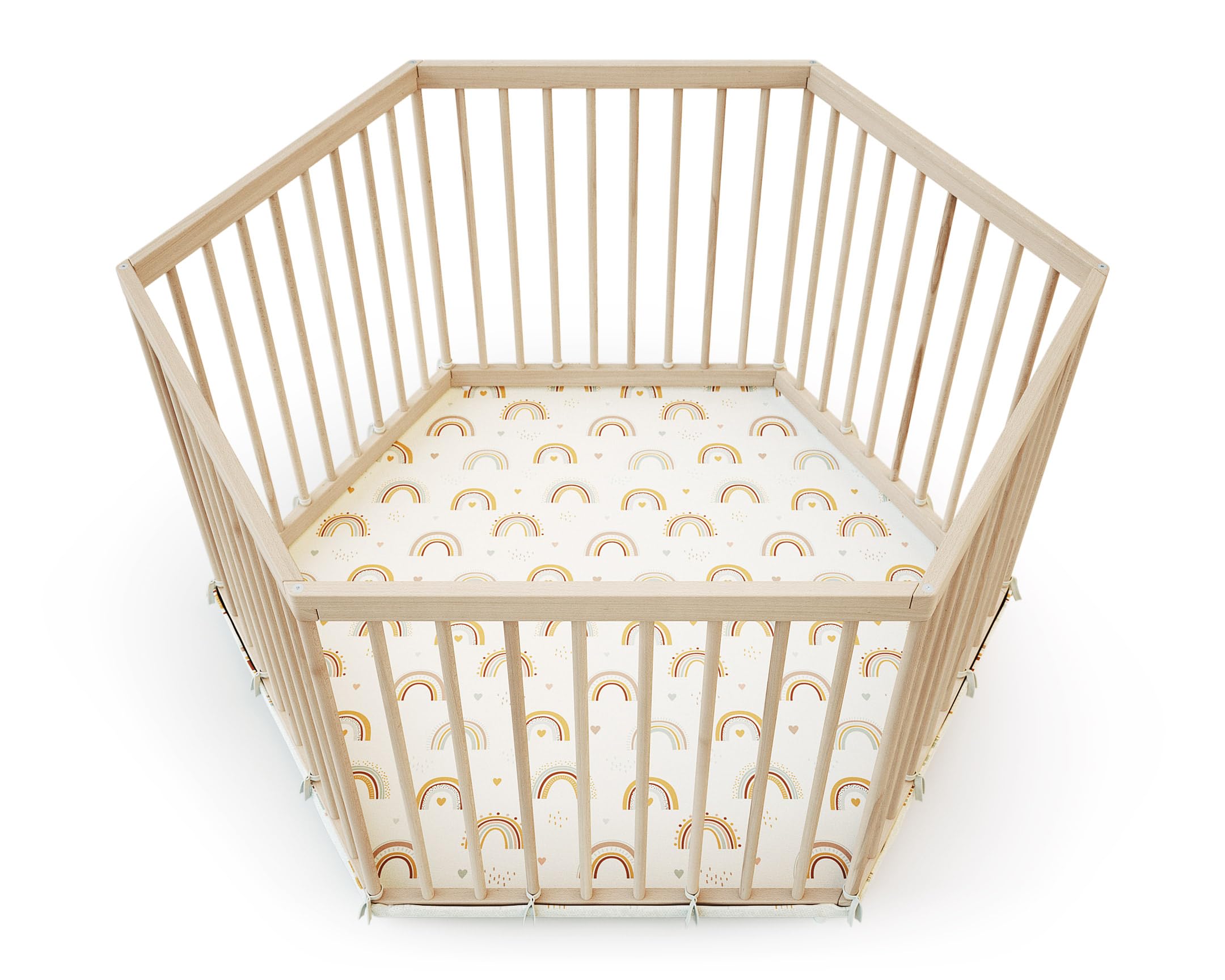 WEBABY - Parc bébé hexagonal en bois ALVEO avec fond textile - 125 x 106 x 65 cm