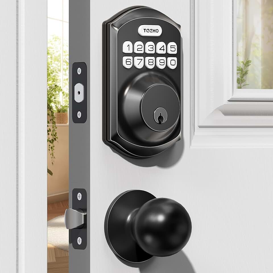 TEEHO TE001K Keyless Entry Door Lock with Handle, Electronic Keypad Deadbolt with 2 Knobs, High-Security Front Door Handle Set for Home &amp; Rental, Smart Auto-Locking, Easy Install, Matte Black