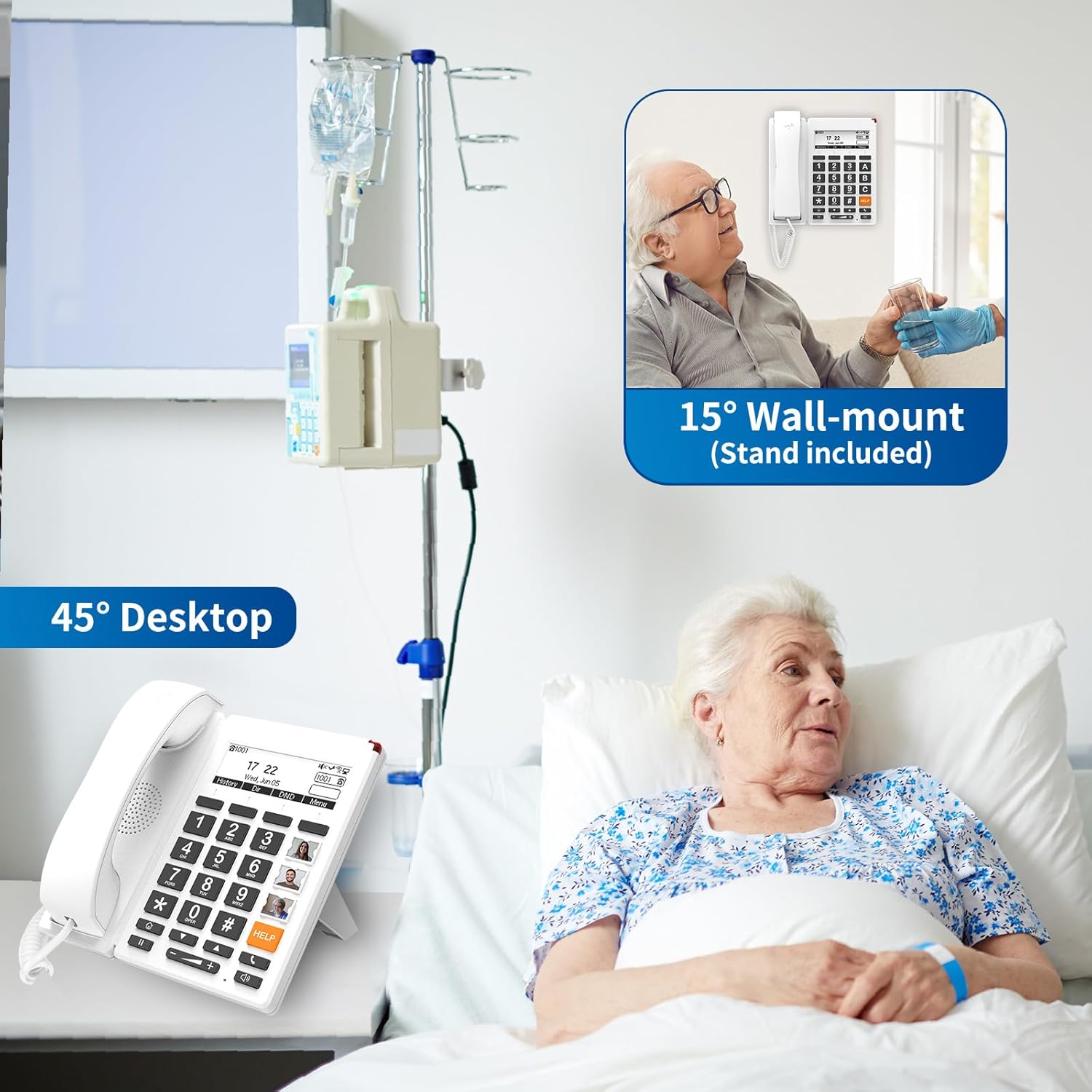 Image showing the phone in both desktop (45-degree angle) and wall-mounted (15-degree angle) configurations.