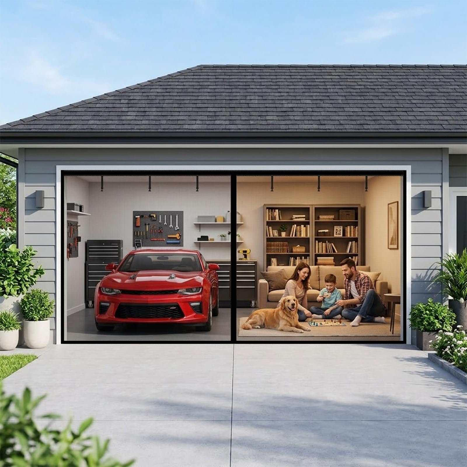 Moustiquaire porte de garage 1 voiture maille aimantée noire 198x229cm