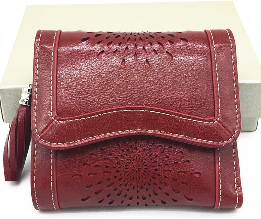 New women wallet female short paragraph retro oil wax cowhide wallet Korean version of the wallet trifold small wallet (wine red)