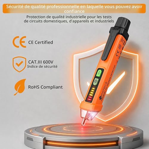 Neoteck Détecteur de Tension Sans Contact 12-1000V, Test de Fil de Phase/Neutre, Buzzer Sonore & Lumineux, Lampe de Poche, AC 50-500Hz, Stylo Testeur de Tension NCV - 4