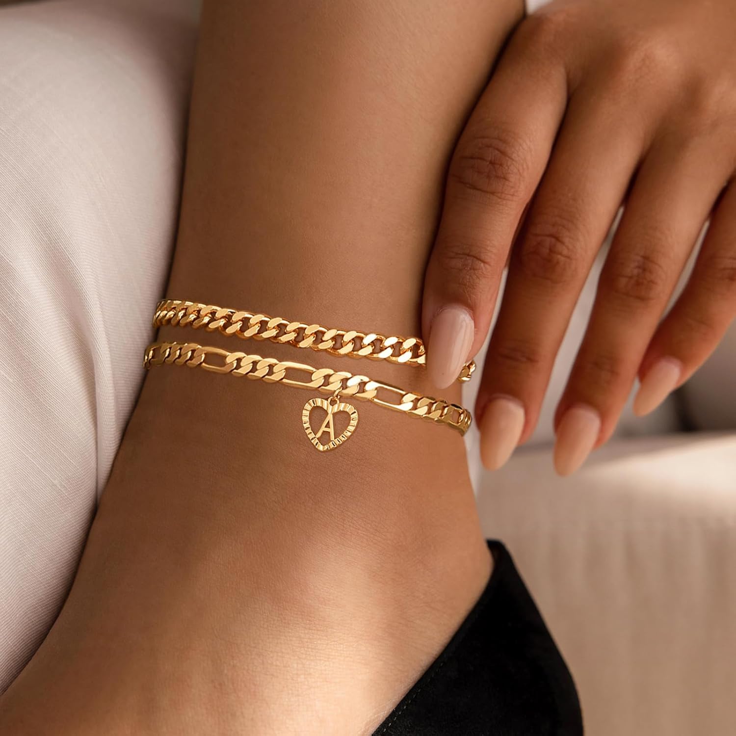 Dainty Gold Ankle Bracelets for Women 14K Gold Plated Heart Initial Anklets for Women Stackable Cuban Figaro Chains Women's Anklets Anklets for Women Waterproof - Image 9