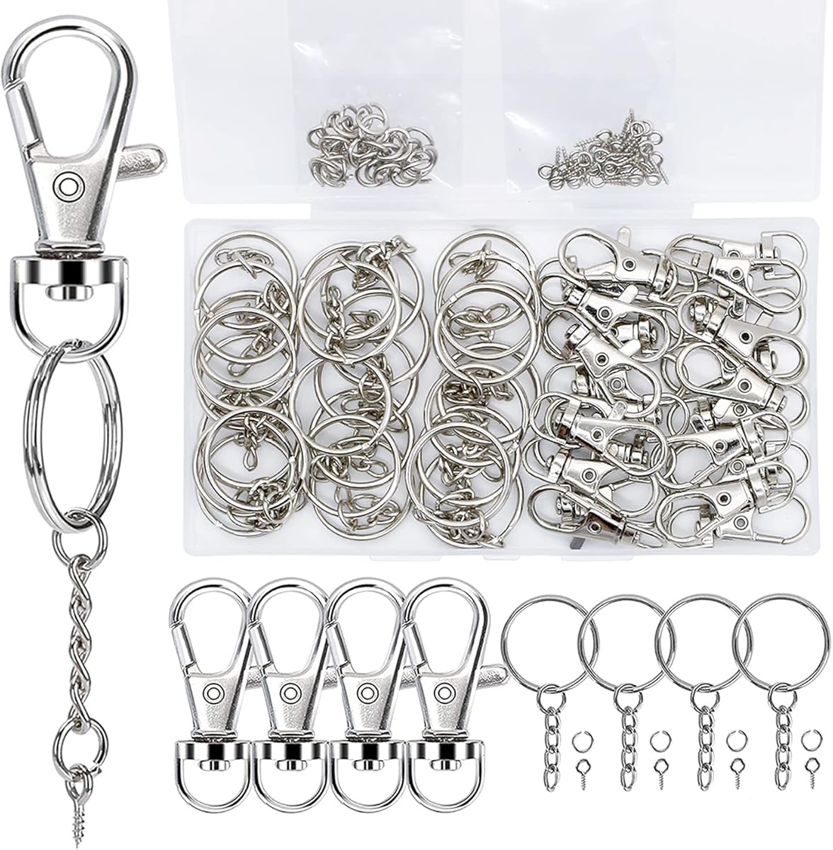 YOULADA 120PCS Swivel Snap Hook with Key Chain Rings Set,30 PCS Swivel Lobster Clasp,30PCS Key Rings with Chain,30pcs Jump Rings and 30pcs Screw Eye Pins for Keychain Lanyard,Crafts and Jewelry Making