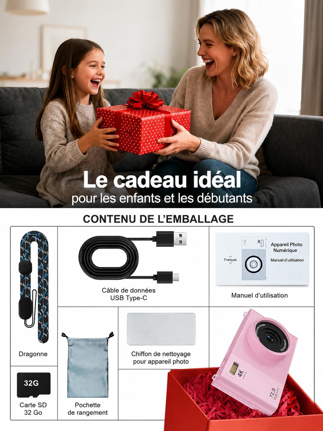 Cámara Digital 4K-72MP con Tarjeta SD de 32GB Incluida, Autofocus AF, Zoom Digital 16X, Pantalla de 2,8 pulgadas, Carga y Transferencia Tipo-C, Ligero y Compacto