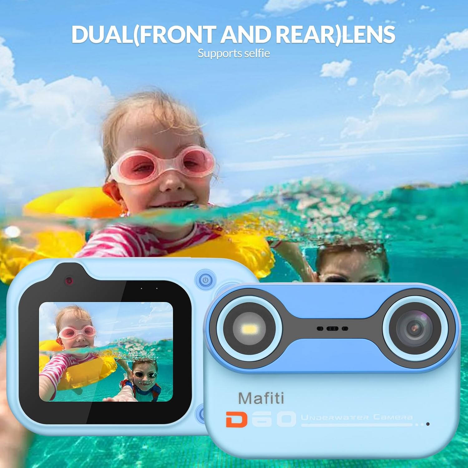 Mafiti Kids Waterproof Camera Underwater Camera 10FT with 32GB Card Gifts for Boys Floatable Pool Toys for Kids Age 4-12 26MP Photos 1080P HD Videos Children Selfie Digital Camera Blue