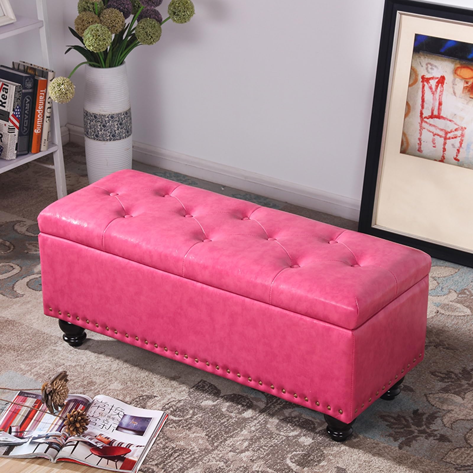 Coffre ottoman rectangulaire pour salon et chambre : le rangement chic en rose