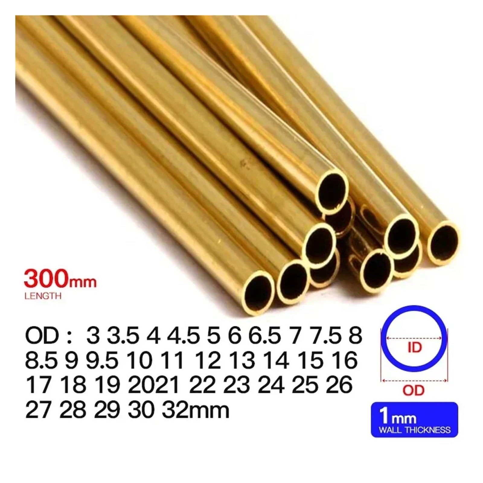 1Pc Tubo di Rame in Ottone Spessore della Parete 1mm 300mm Lunghezza Dritto Diametro Esterno Modellazione Asta Taglio FAI DA TE