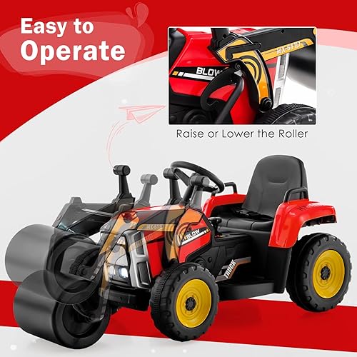 Miniatura 2 de HONEY JOY Coche de paseo eléctrico de 12 V con control remoto, tractor de batería para niños pequeños con rodillo de tambor ajustable, bocina y
