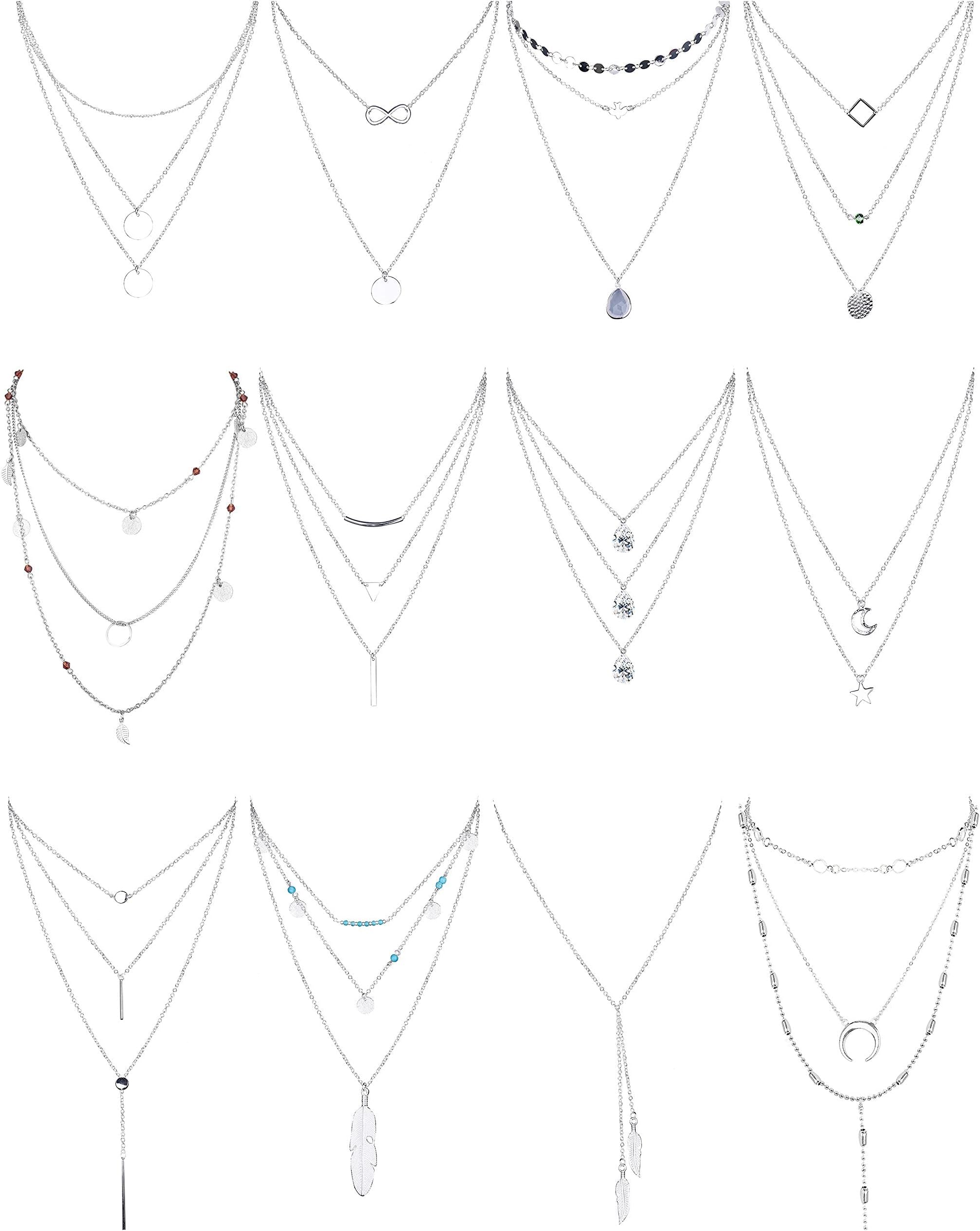 FINREZIO12 PCS Gold Plated Layered Necklace for Women Girls Sexy Long Choker Chain Y Necklace Bar Feather Pendent Necklace Sets