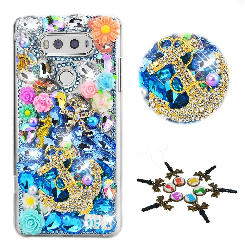 STENES Bling Phone Case Compatible with LG K22 Case - Stylish - 3D Handmade [Sparkle Series] Mermaid Seahorse Anchor Flowers Sparkly Diamond Rhinestone Design Cover Case - Navy Blue