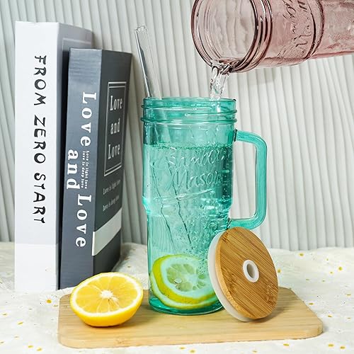 Miniatura 7 de ANOTION Juego de 4 tazas de vidrio de colores con asa, tazas de vidrio de 24 onzas con tapas y pajitas, taza de café de viaje, tarro de bambú Mason
