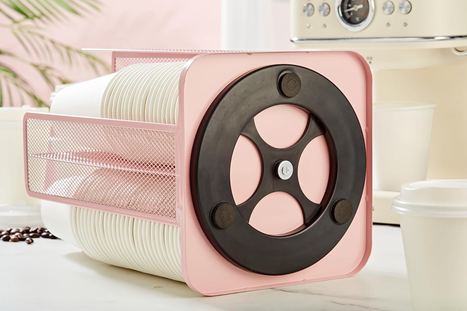 Annova Paper/Plastic Cup and Lid Holder Plastic Storage Organizer, 360°Rotating Coffee Mup Dispenser with 4 Compartments, Multifunctional Storage Rack for Home, Office, Bar, Coffee Shop (Light PInk)