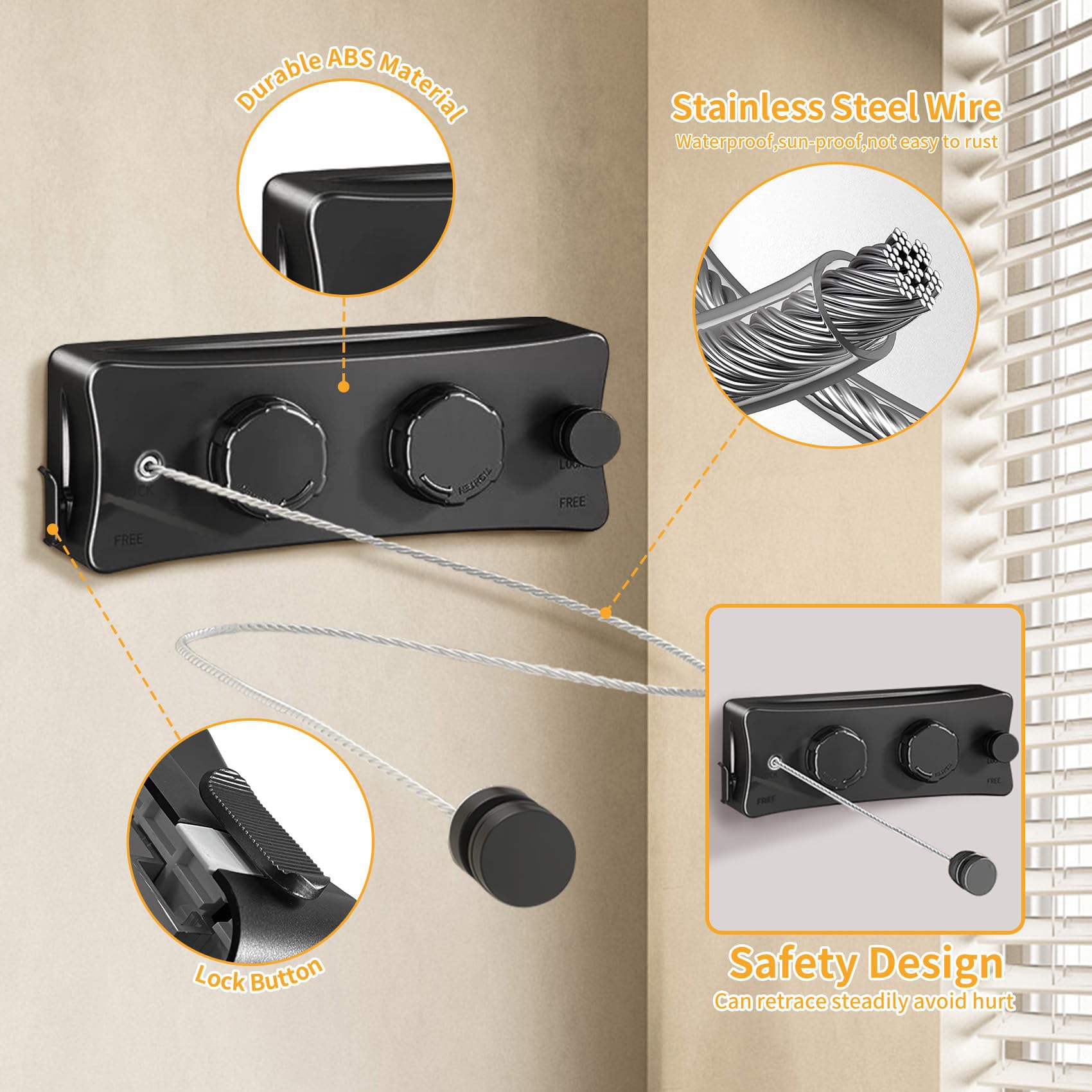 Corde à Linge Rétractable 5.1m, Acier Inoxydable Fil a Linge Extérieur Retractable (Noir)