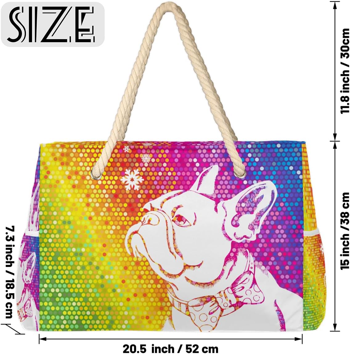 Dog Colourful Beach Bag for Women Waterproof Sandproof Tote with Zipper Cotton Rope Handles for Travel Pool Gym Shopping