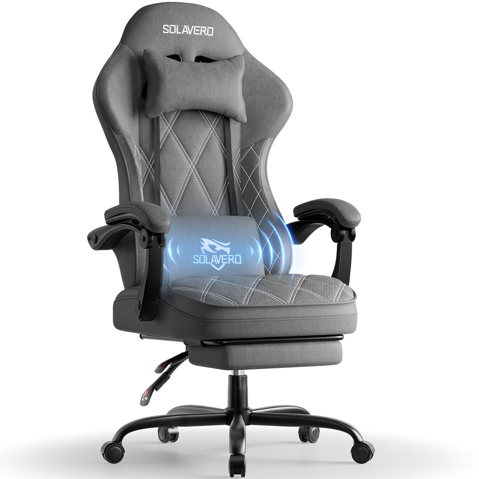 SOLAVERO Silla Gaming con Masajeador y Tela Perforada Transpirable (Gris) | Asiento de doble capa, cojín lumbar con masaje USB, reposapiés, respaldo reclinable de 90 a 135 grados, carga 150 kg