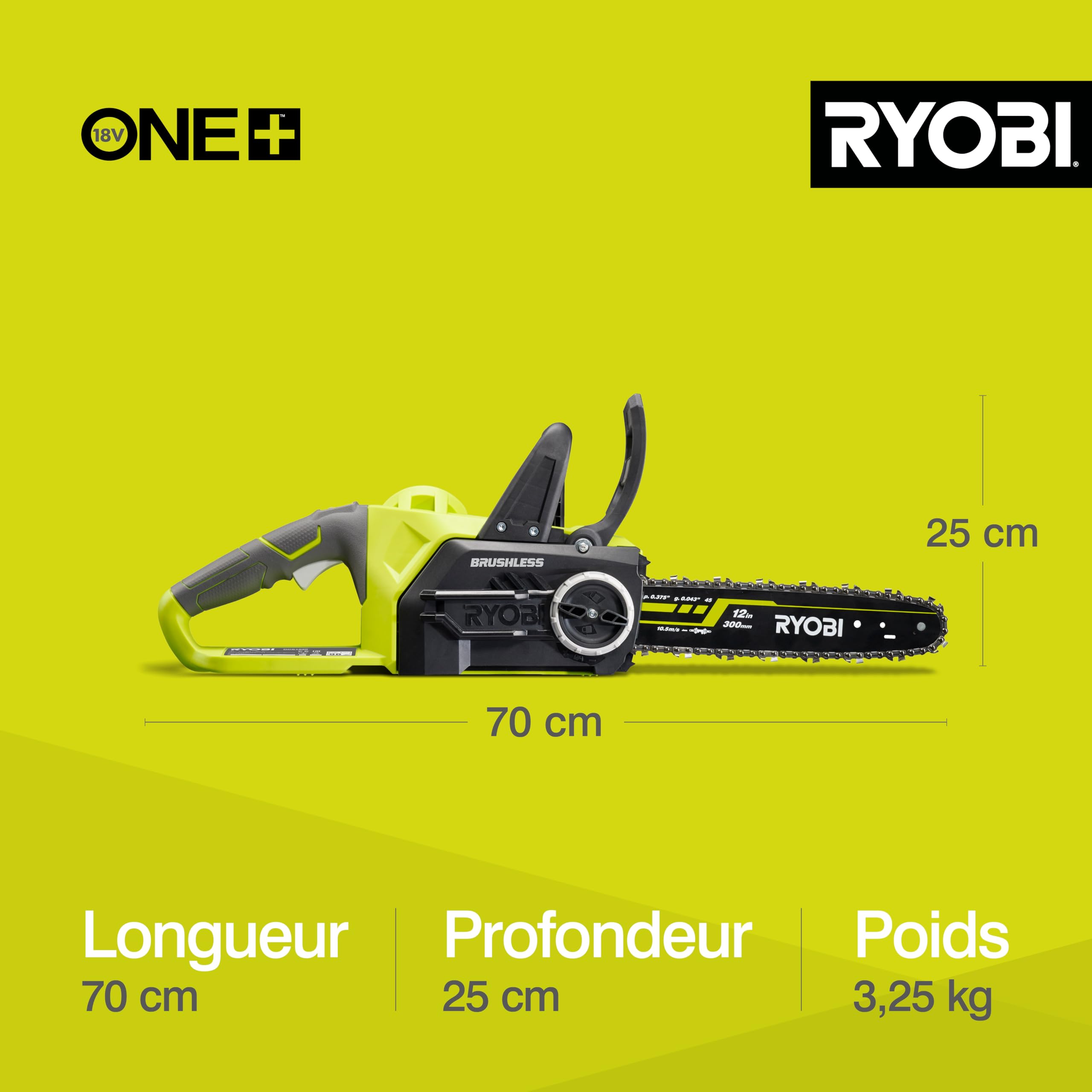 RYOBI - Tronçonneuse Sans Fil 18V ONE+ OCS1830 – Guide 30cm, Lubrification Automatique, Frein de Chaîne, Compacte - Taille Bois, Bûches et Branches – Batterie Non Incluse