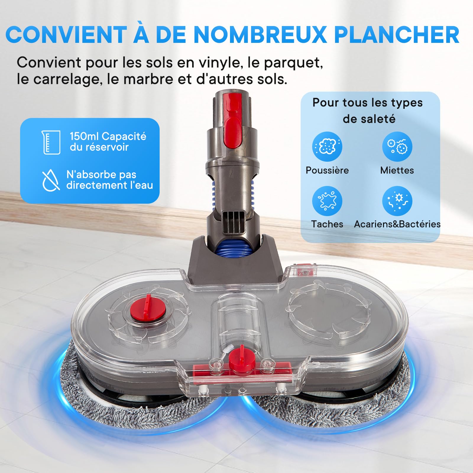 Tête de Vadrouille Électrique pour Dyson V7/V8/V10/V11/V15 | Serpillière avec Réservoir d'eau Amovible et 10 Lingettes Lavables | Compatible Aspirateur Dyson