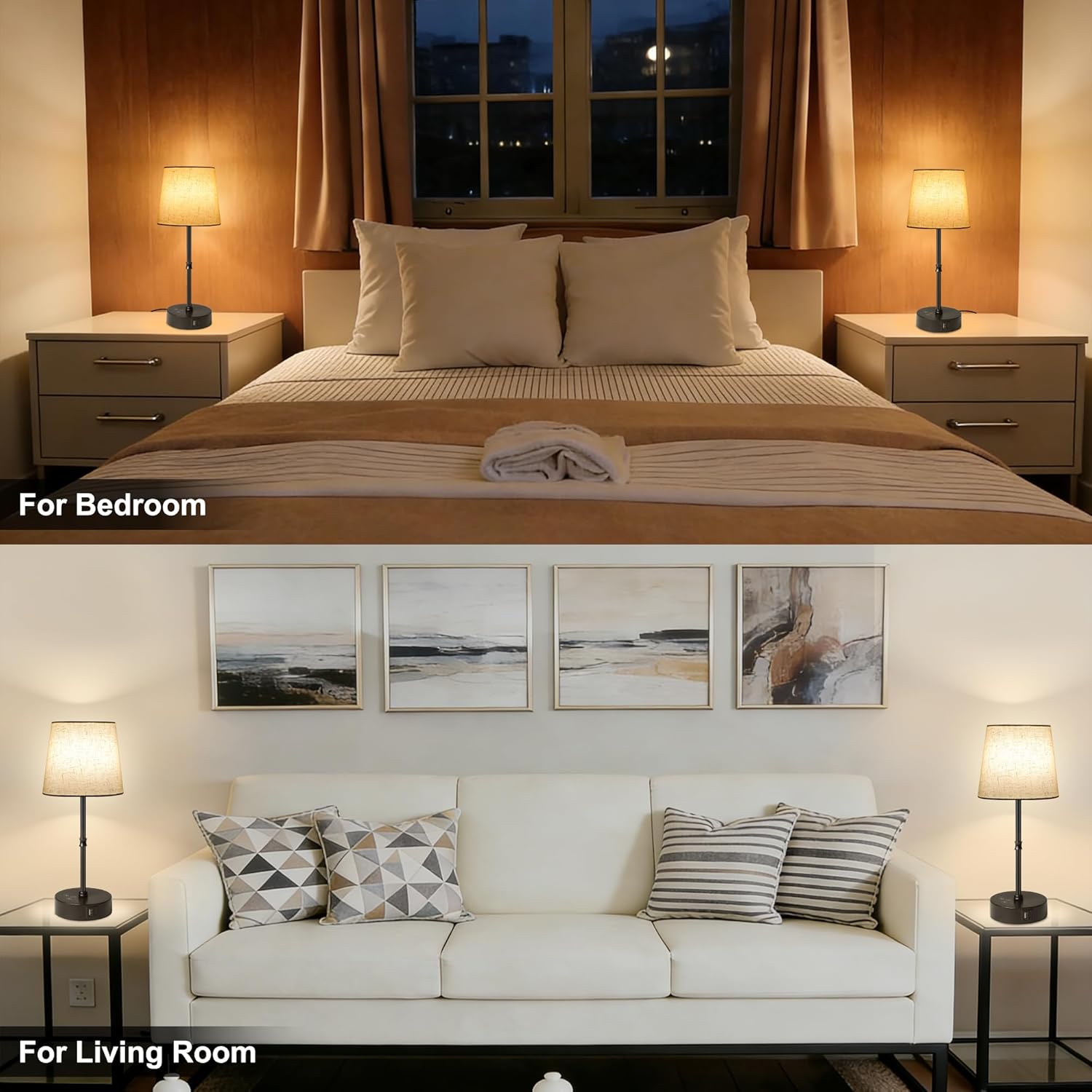 Ascher Bedside Table Lamp Set of 2, RGB Color Changing, 3 Color Temperatures, Dimmable Nightstand Lamp with USB C+A Ports, Touch Desk Lamp for Bedroom Living Room, H15.6in, Flaxen Shade