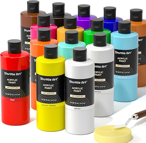 Miniatura 12 de Juego de botellas de pintura acrílica de 18 colores Shuttle Art (250 ml/8.45 oz), suministros de pintura a granel pigmentados ricos para artistas,