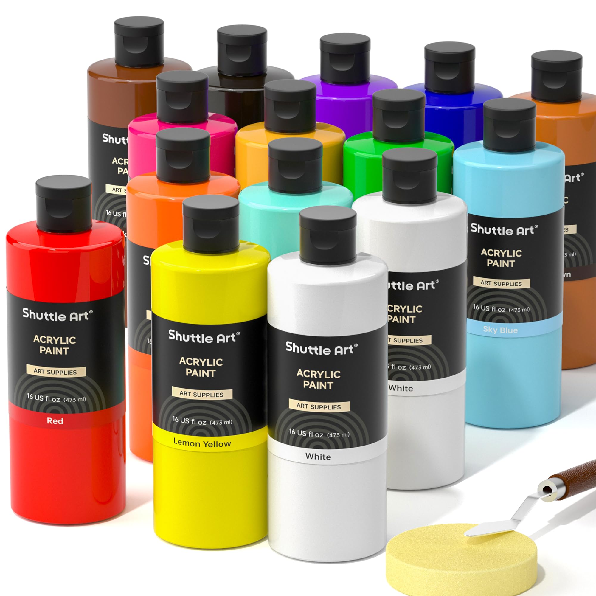 Shuttle Art Acrylic Paint, 15 Pack Acrylic Paint Large Bottle Set, 473ml/16oz Each, 14 Unique Colors and 1 More White, High Viscosity Art Paint for