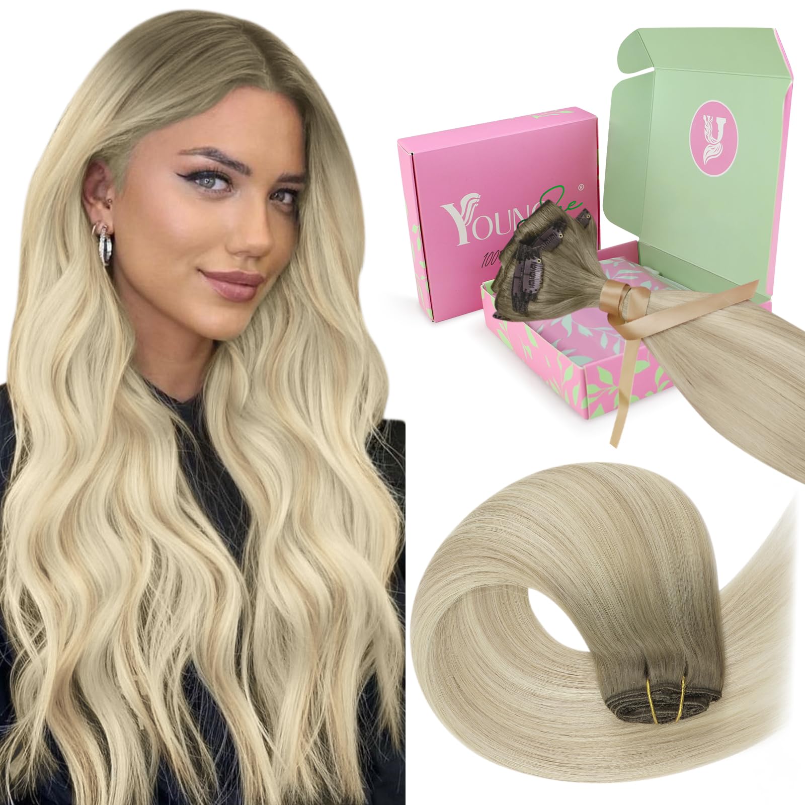 YoungSee Clip in Hair Extensions Ombre 12inch 80g Clip in Human Hair Extensions Ash Blonde Ombre Sunkissed Blonde Human Hair Clip in Extensions for Women Short Straight 7pcs Sliky