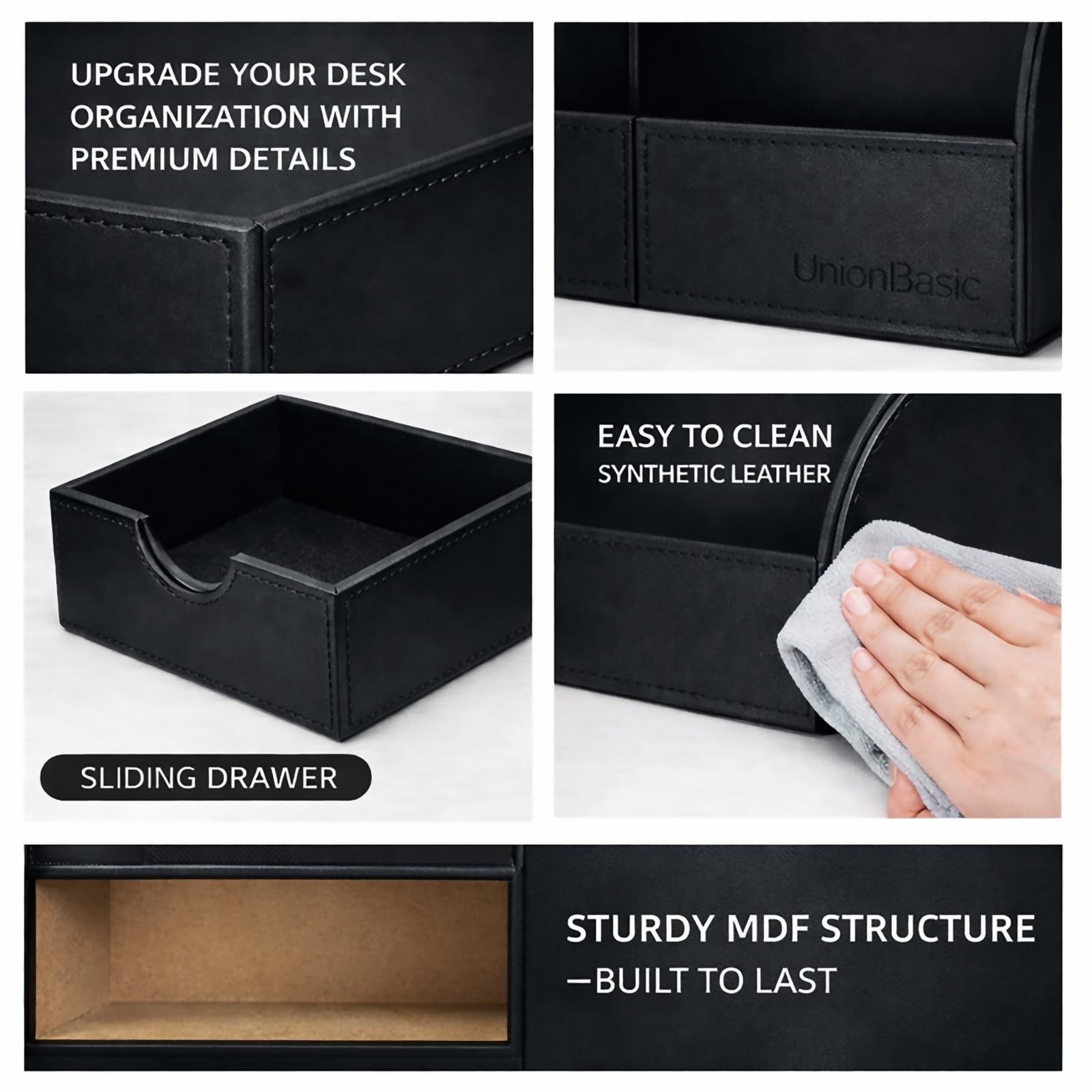 UnionBasic Multifunktions-Schreibtisch Organzer für Büro aus Kunstleder zur Aufbewahrung von Visitenkarten, Stiften, Handy, Büroartikeln, Aufbewahrungsbox Modern schwarz