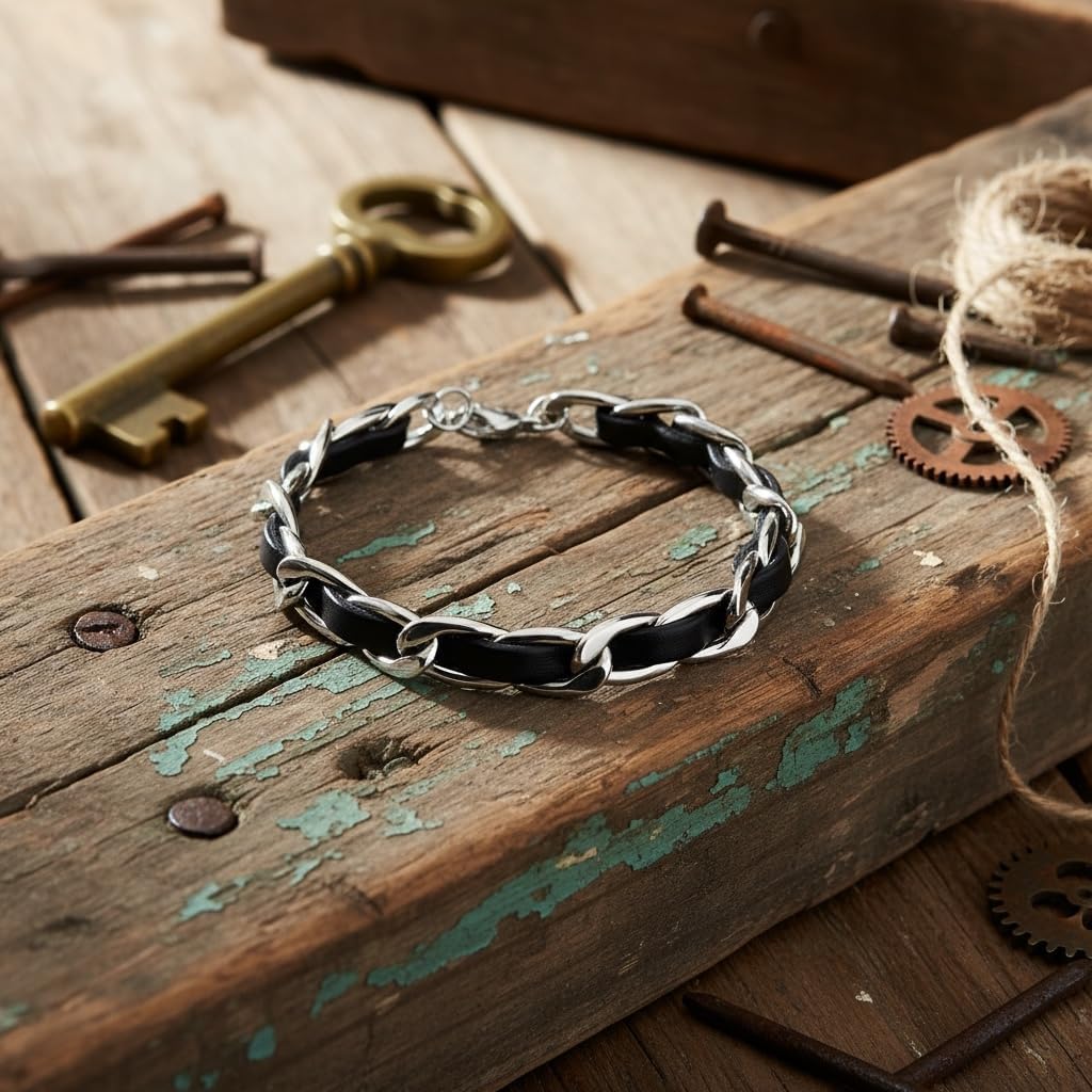 18K White Gold Plated over Stainless Steel Chain Bracelet with Black Leather Weave, Fashion Statement Piece for Women, Tarnish Proof, 6 inch length with Extension - Image 8