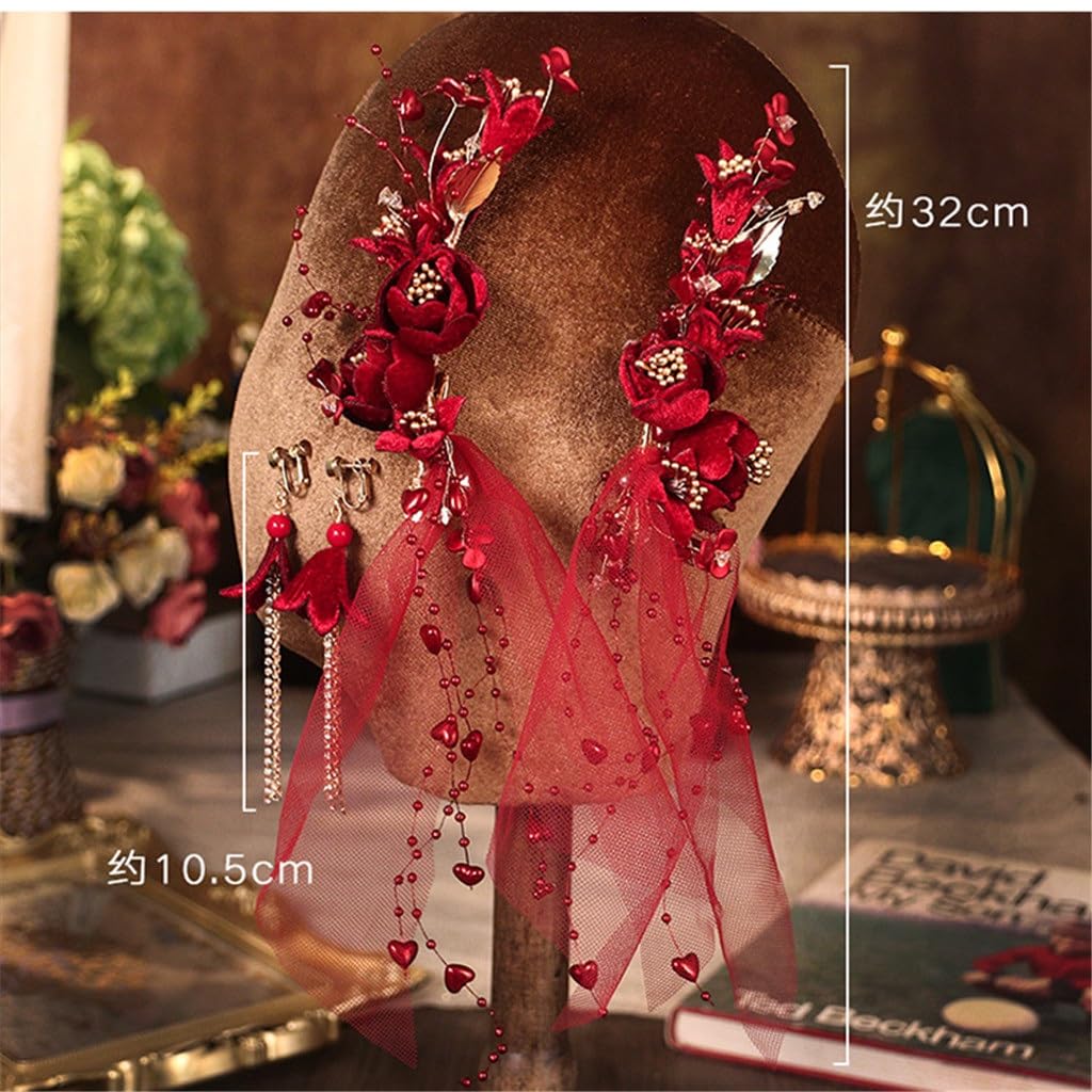 Bridal Tiara Red Handmade Side Clip Set Organza Fairy Hair Accessories
