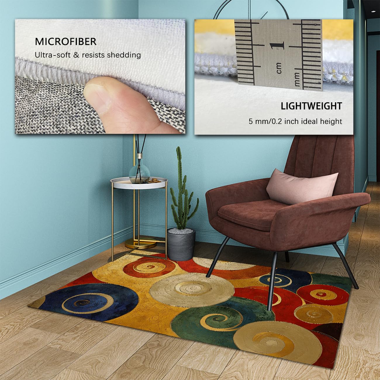 Dywan strefowy 120 x 180 cm, zmywalny, miękki dywanik do salonu na zjazd łóżko abstrakcyjne geometryczny antypoślizgowy ultra cienki spiralne koła średniowieczne sypialnia biuro musztardowy żółty