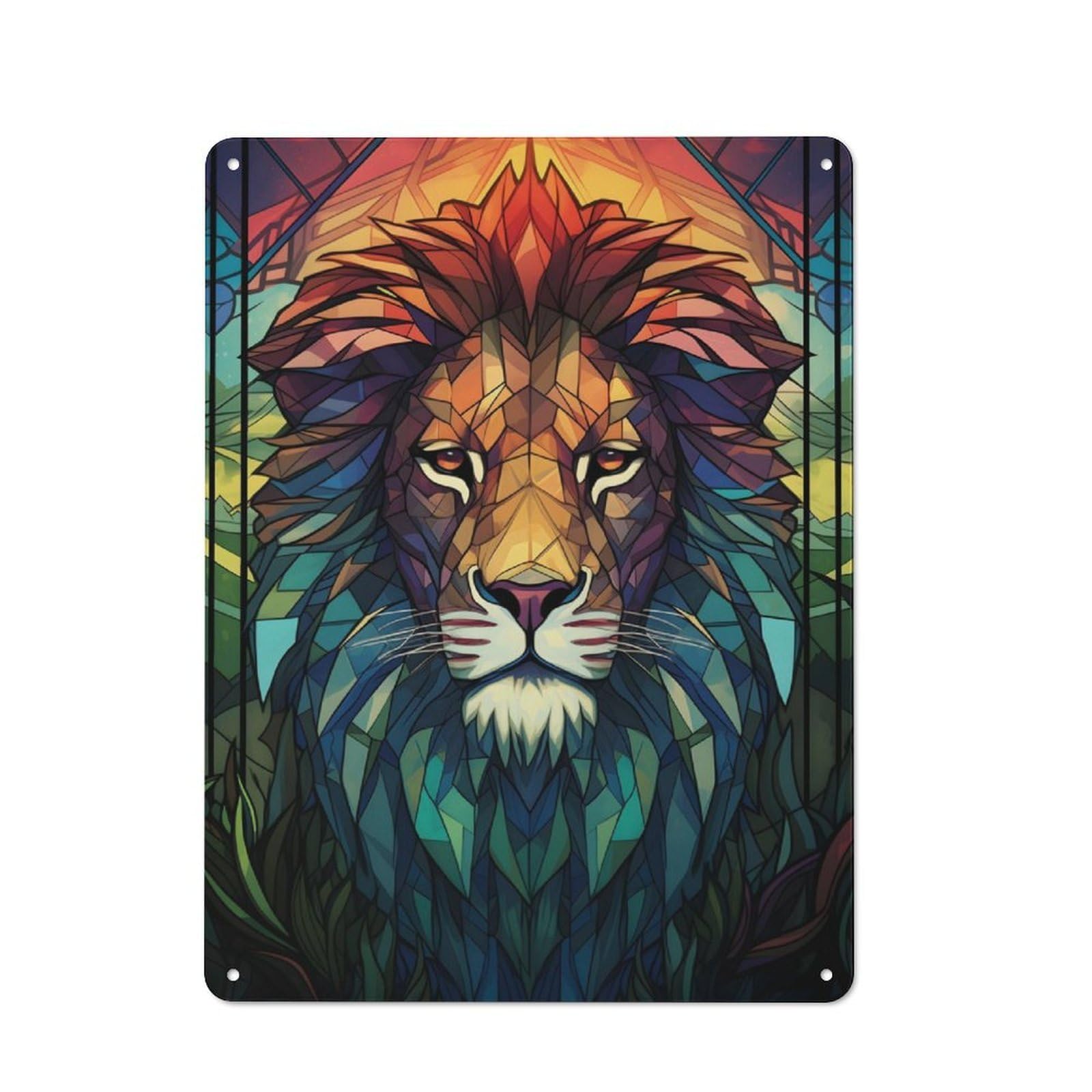 Junmoney Lion Stained Glass Printed Metal Sign 40X30cm For Pub Or Café, With Clear Industrial Wall Decor Character