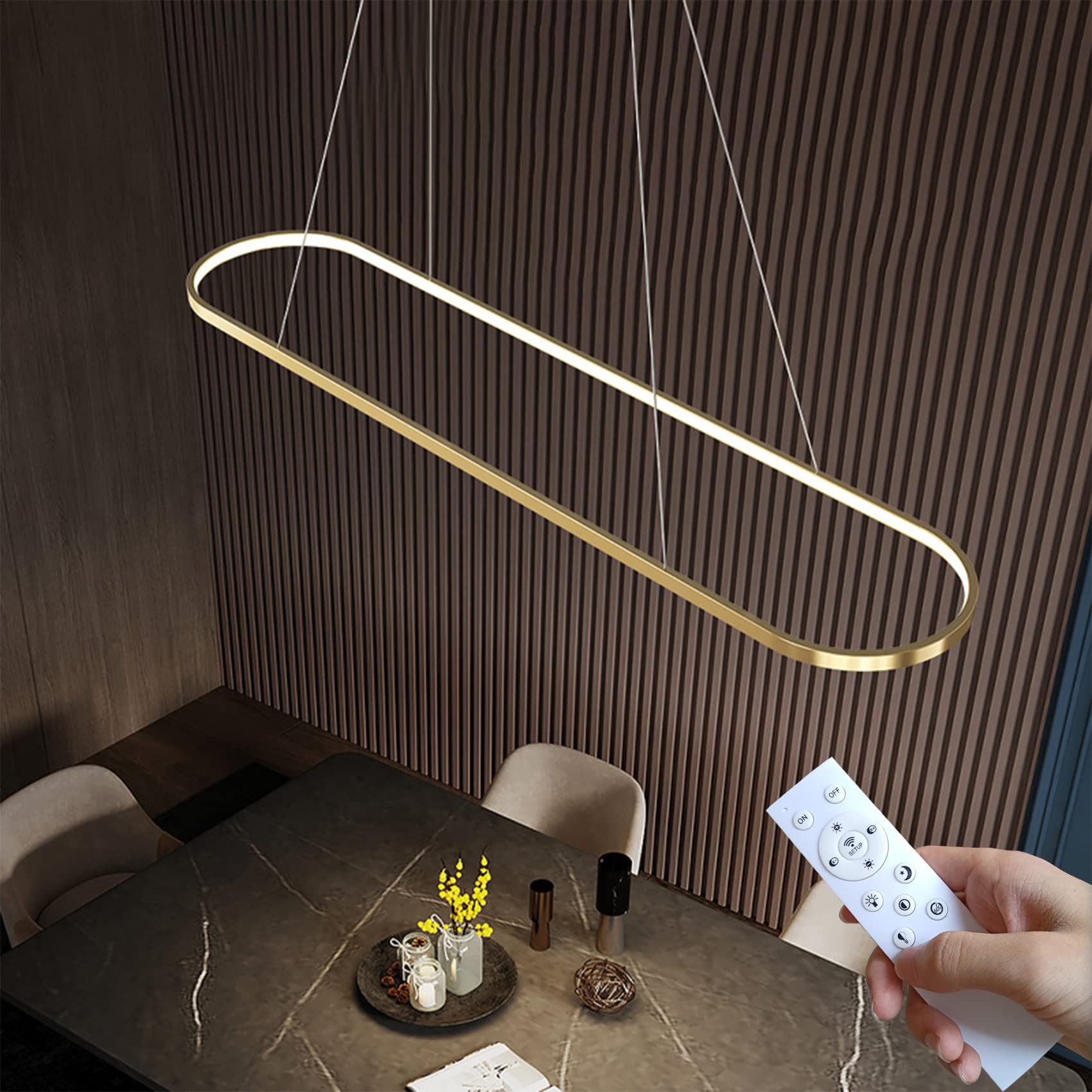 DIDADIDA Pendant Lamp Dining Table Oval LED Lamp Dimmable Hanging Lamp with Remote Control, Dining Table Lamp Hanging Chandelier, Height Adjustable (Gold, 120CM)