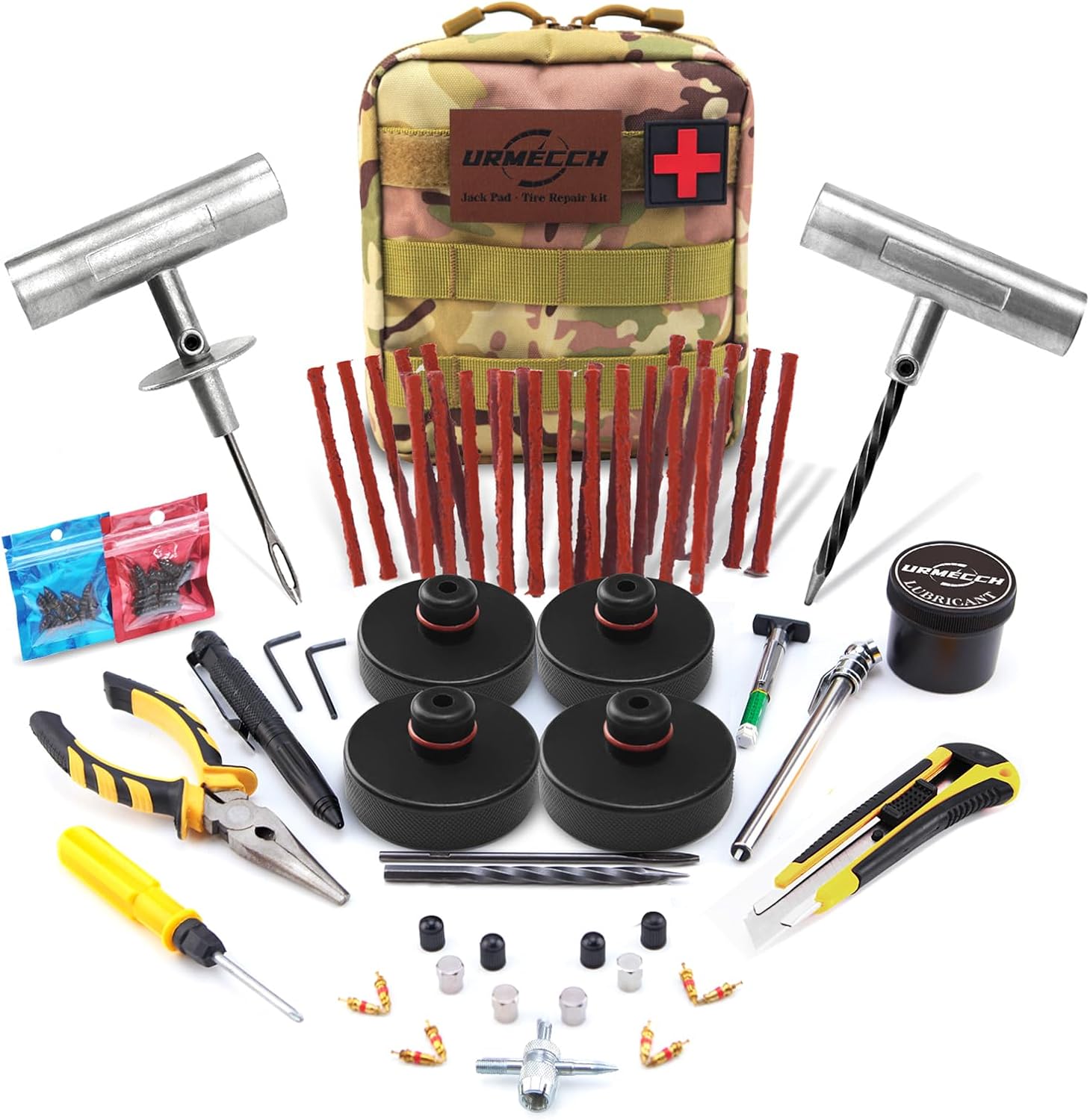 Jack Pad and Tire Repair Kit for Tesla Model 3/Y/S/X with Tactical MOLLE Panel Storage Pouch, 4 Jack Pucks with Heavy Duty Tubeless Tire Puncture Repair Plug Tool Kit for Tesla Model 3 Y S X