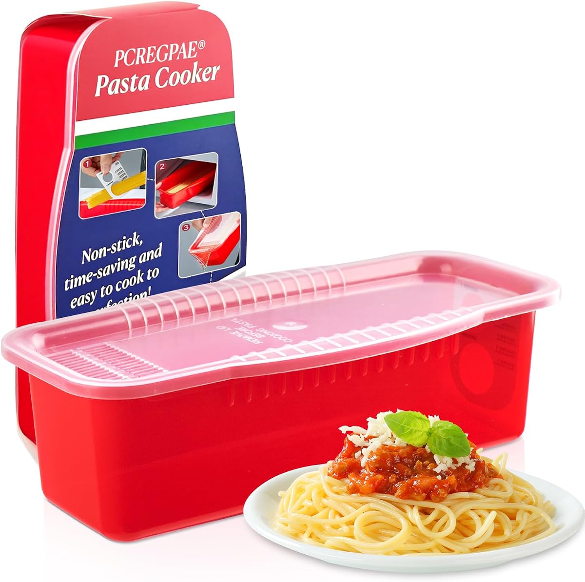 Microwave Pasta Cooker with Strainer Lid & Built-in Measuring Card | Quickly Cook 1-4 Servings-No Mess, Sticking or Waiting for Boil, Pasta Cooker in Microwave for Dorm, RV,Kitchen & Quick Meals