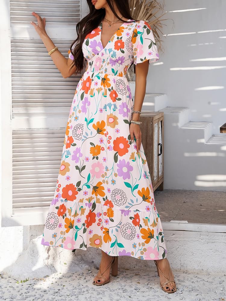 Image of Boho Floral Maxi Dress for Women 2026 Empire Waist Short Sleeve Dresses Summer Beach Vacation Wedding Guest Outfit