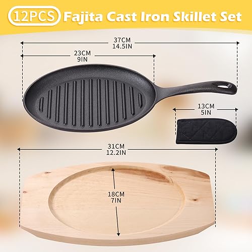 Miniatura 2 de Mifoci Fajita - Juego de 12 sartenes de hierro fundido resistentes antiadherentes con bandeja de madera y guante caliente, placa de carne