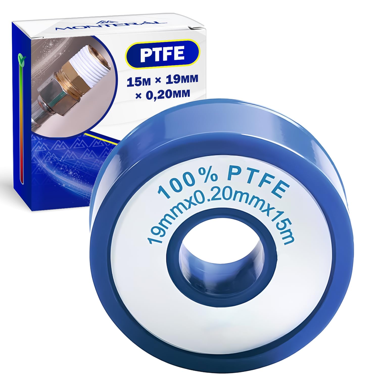 MONTERAL PTFE Cinta Teflon Fontaneria 15m x 19mm x 0,20mm Utilizado en Fontanería para Sellar Roscas de Tuberías y Conectores